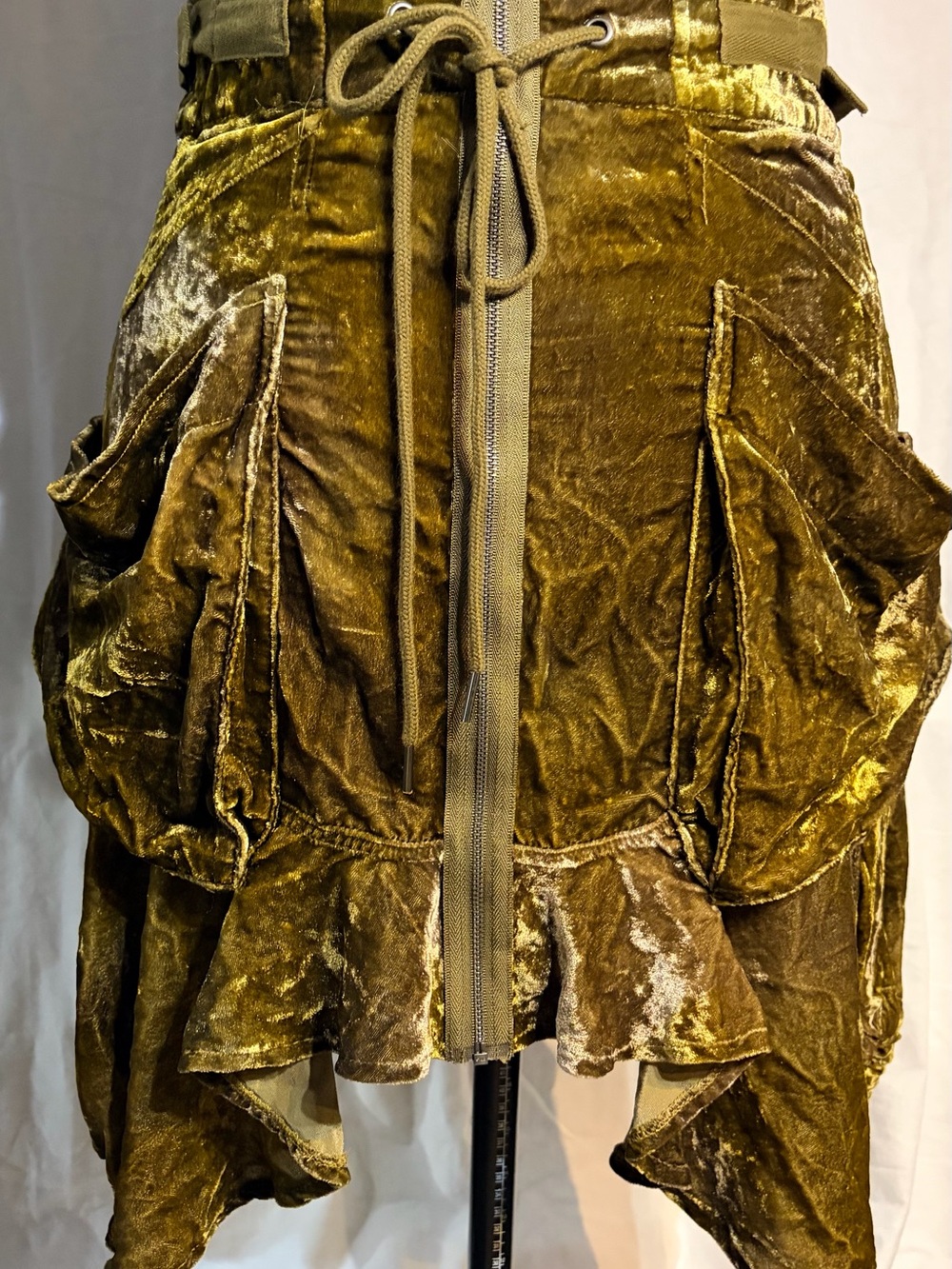 Free People Women's Olive Velvet Zip-Front Skirt with Utility Pockets